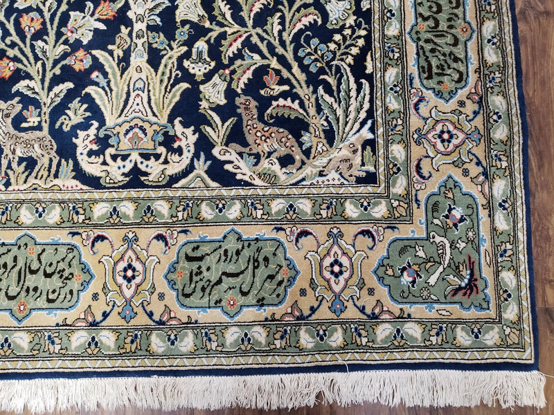 Semi Antique Persian Qum Tree of Life Rug, Hand-Knotted, Wool, Midnight Blue and Tan, Animal Pictorials, Written Poem in Borders, 4' 8" x 7' 8" by Jewel Rugs