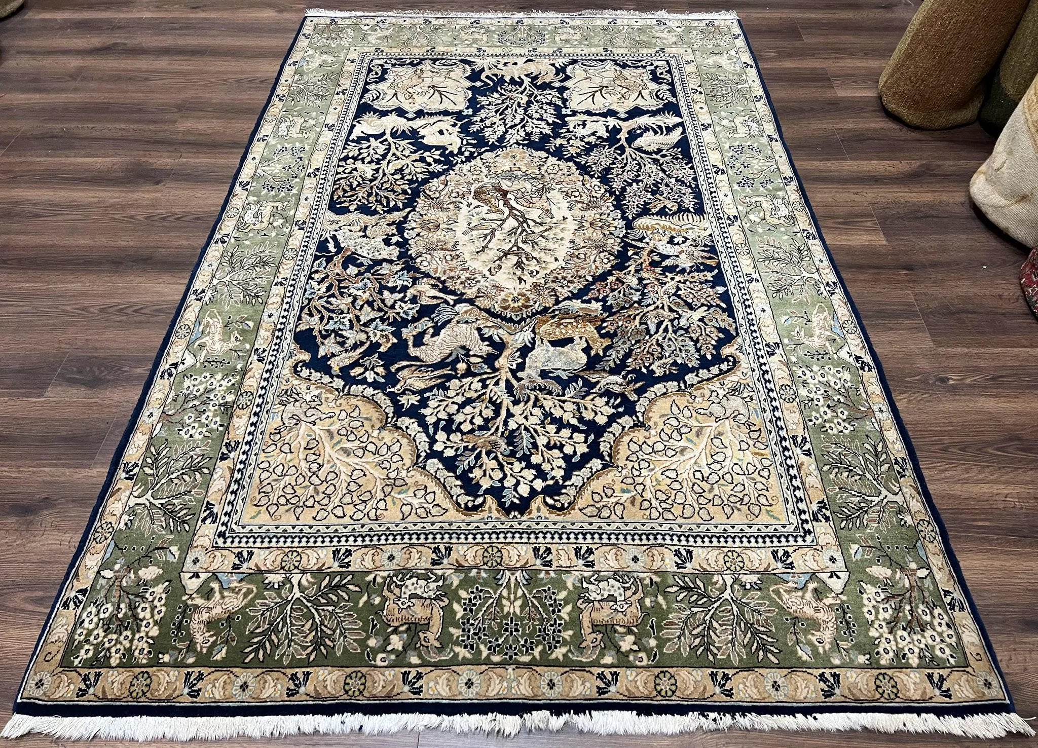 Wonderful Persian Qum Rug 6x9, Animal Pictorials, Tree of Life, Deer Birds, Hand Knotted Oriental Ghom Carpet, Semi Antique Vintage, Navy Blue Green by Jewel Rugs
