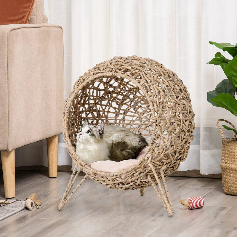 20.5' Weaved Banana Leaf Cat Bed with Cushion Beige by HouseOfZazla