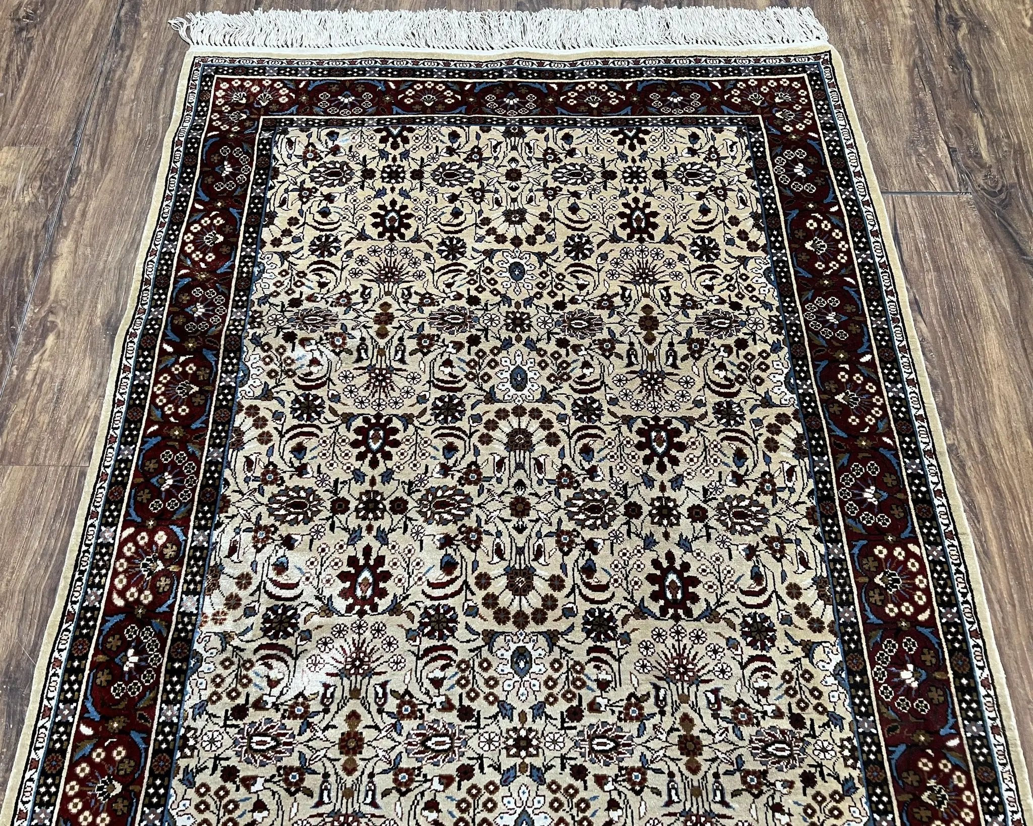 Fine Sino-Persian Silk Rug 3x5, High Quality Silk Carpet, Handmade Small Silk Rug, Allover Repeated Motif, Tan Maroon Blue Vintage Silk Rug by Jewel Rugs