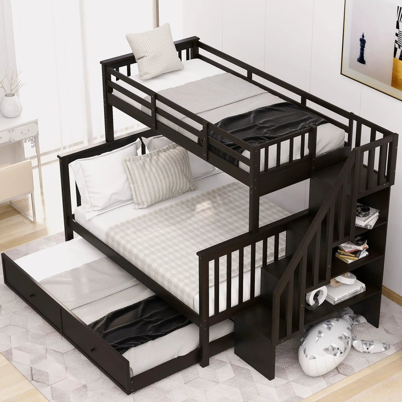Bunk Bed With Twin Size Trundle, Storage And Guard Rail For Bedroom by Unique Piece Furniture