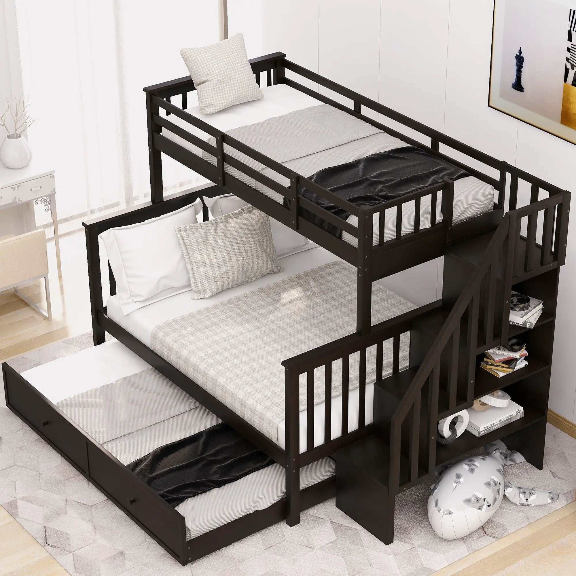 Bunk Bed With Twin Size Trundle, Storage And Guard Rail For Bedroom by Unique Piece Furniture