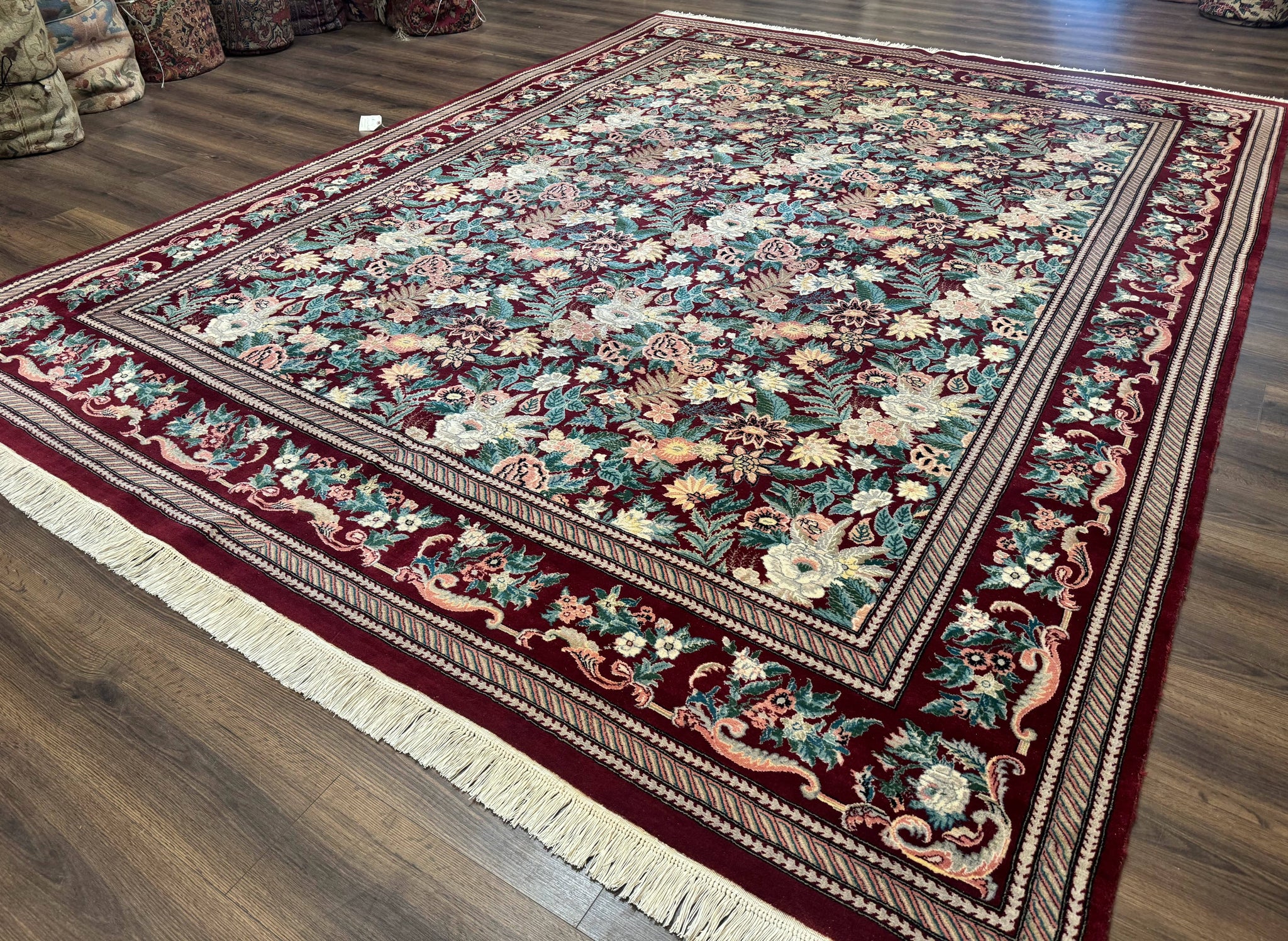 Pakistani Rug 9x12 William Morris Maroon Vintage Floral Wool by Jewel Rugs