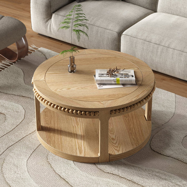 31.5 Inch Round Solid Wood Coffee Table & Sofa Table - Two-Tier Thickened Top, Sturdy Legs, Circle Table for Living Room (Natural Wood), photo 2 of 10