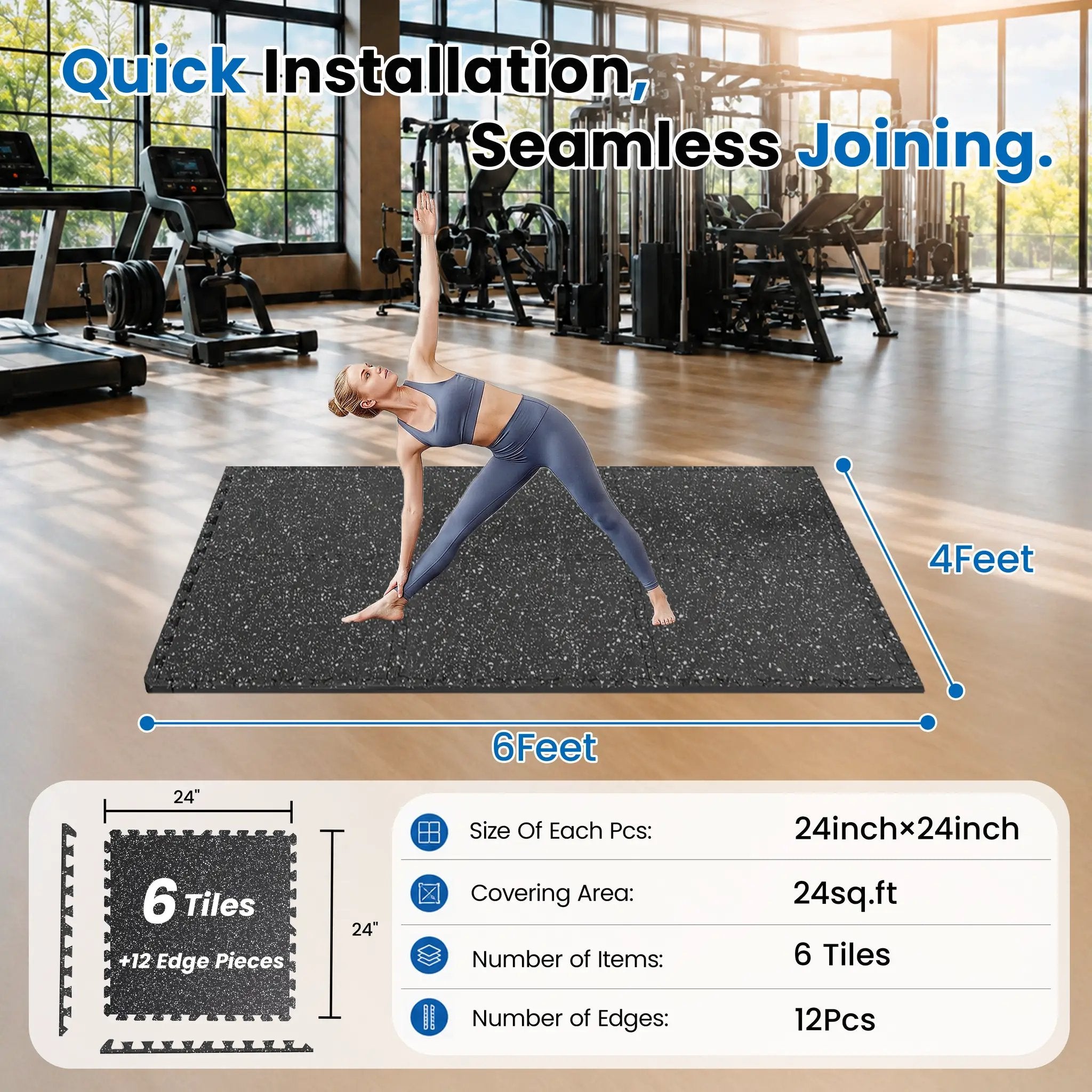 0.6 Inch Thick Gym Floor Mats, 6 Tiles Rubber Top with EVA Foam by HouseOfZazla