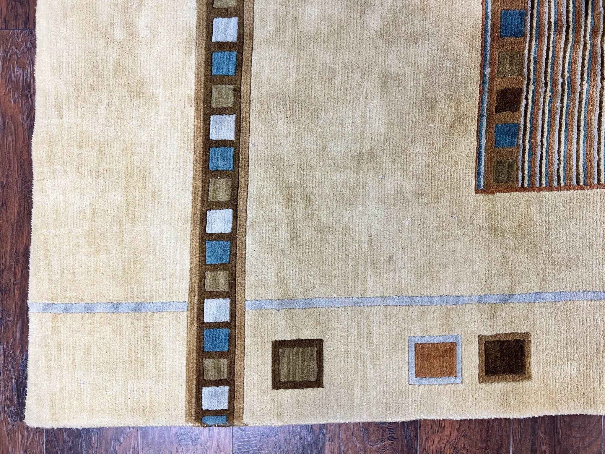 Tibetan Rug 5x8, Contemporary Rug 5 x 8 ft, Cream Brown Blue Hand-Knotted Wool w/ Silk Highlights Tibetan Carpet, Modern Rug by Jewel Rugs