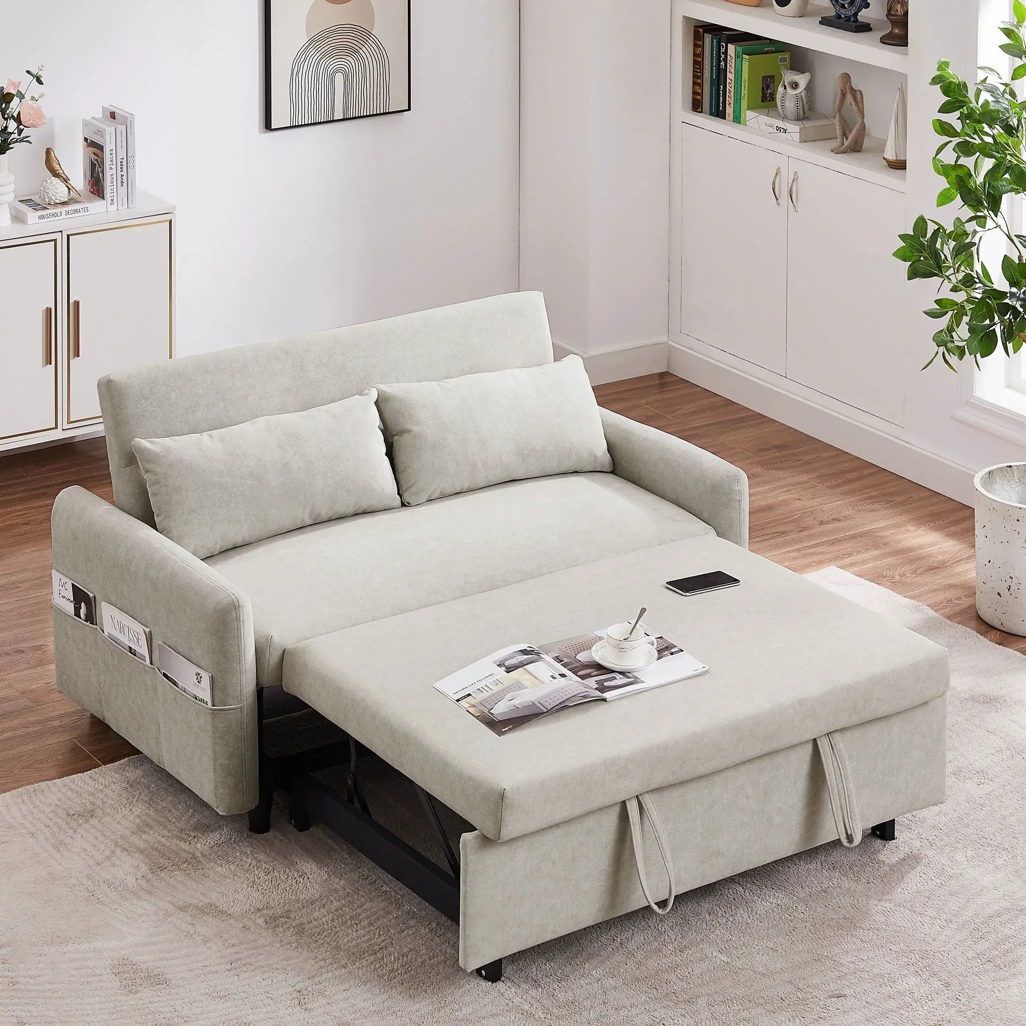 Pull Out Sleep Sofa Bed Loveseats Sofa Couch With Adjsutable Backrest, Storage Pockets, 2 Soft Pillows, USB Ports For Living Room, Bedroom, Apartment, Office by HouseOfZazla