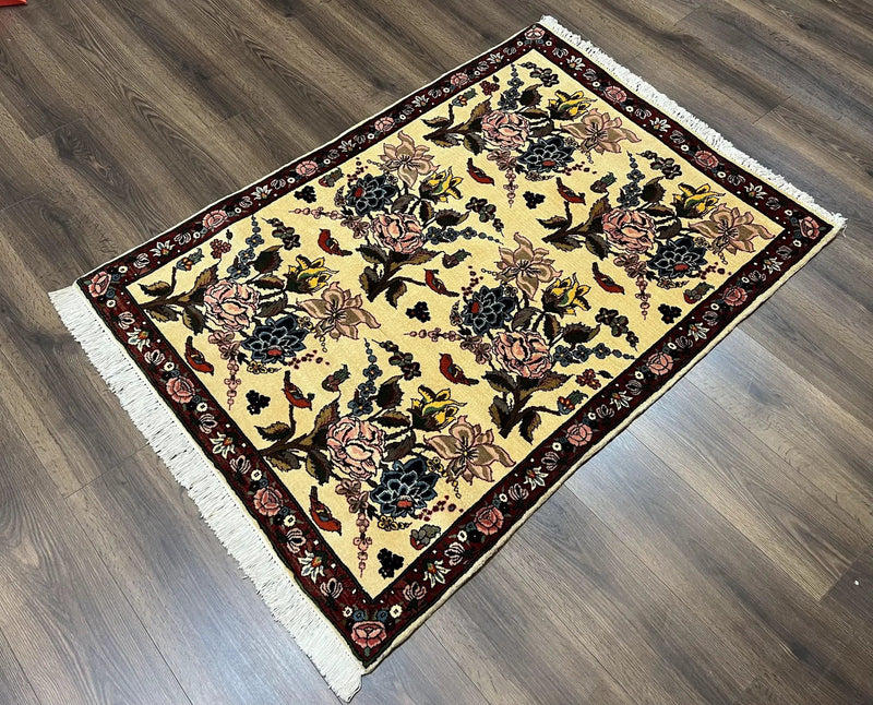 Persian Bidjar Rug 3.6 x 5 ft, Repeated Floral Motifs, Roses and Birds, Cream Burgundy, Fine Wool Oriental Bijar Carpet, Vintage Traditional Area Rug by Jewel Rugs