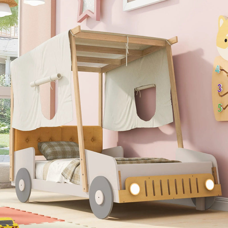 Twin Size Car Bed With Pillow, Ceiling Cloth And LED - Natural by HouseOfZazla