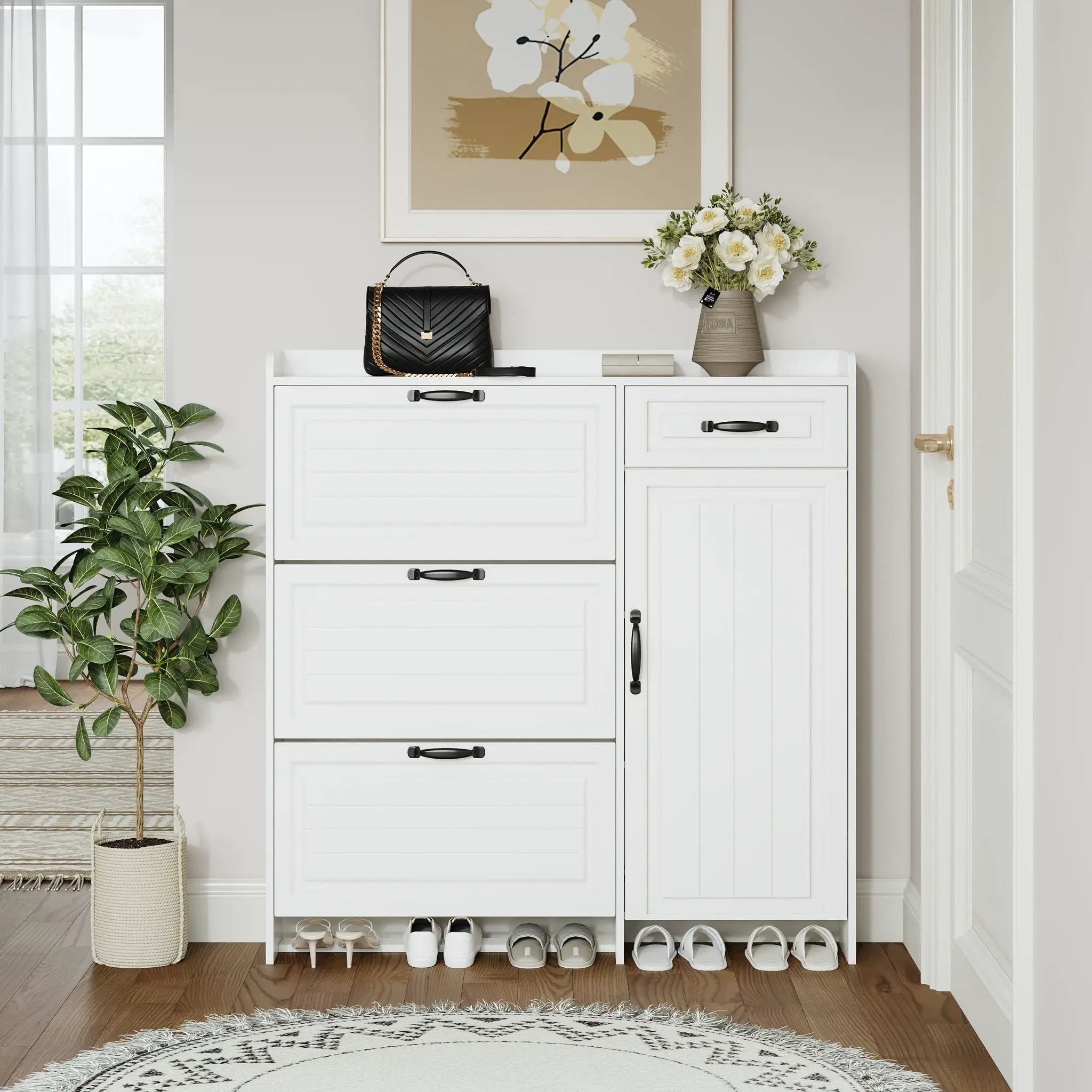 Shoe Cabinet With 4 Doors 1 Drawers, PVC Door With Shape, Large Space For Storage - White by Unique Piece Furniture