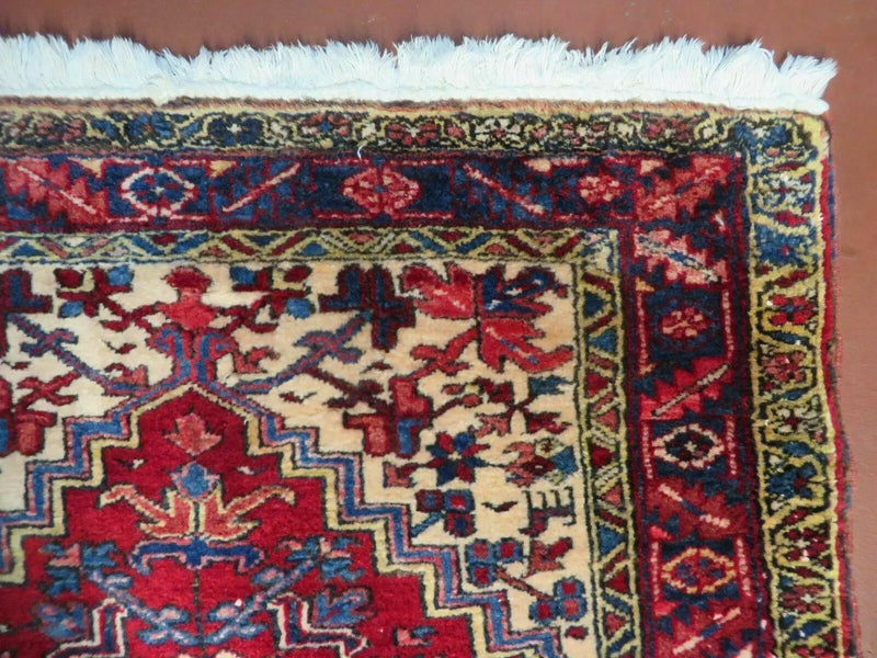 Persian Runner Rug, Heriz Runner Rug, Geometric Medallions, Red Cream Navy Blue Wool Hallway Rug 3.9 x 10.8 Antique Oriental Runner Handmade by Jewel Rugs