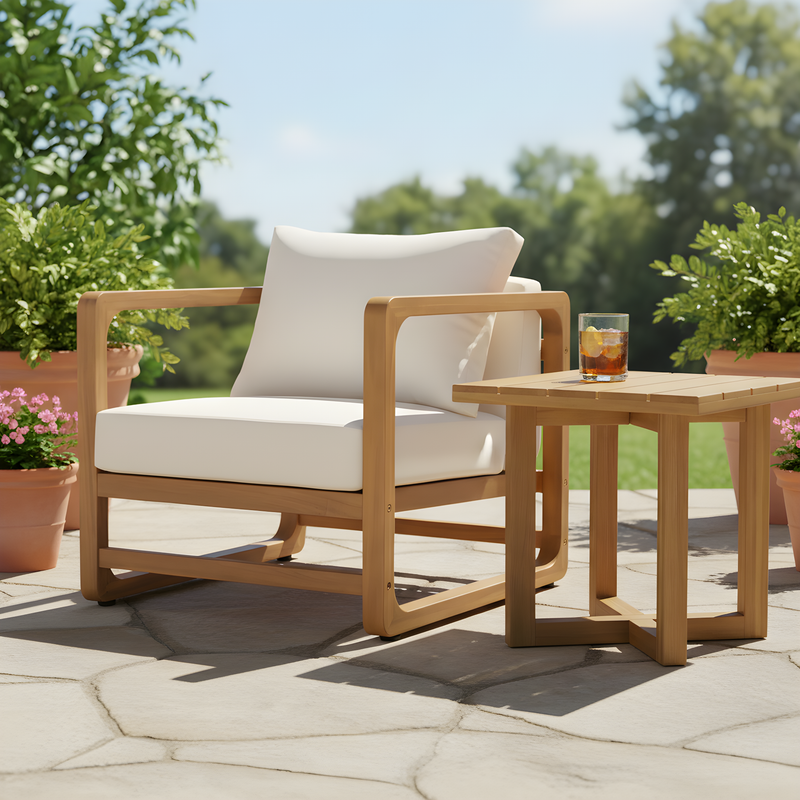 Acacia Wood Lounge Chair with Cushions & Cross-Stretcher Side Table Set, photo 2 of 10