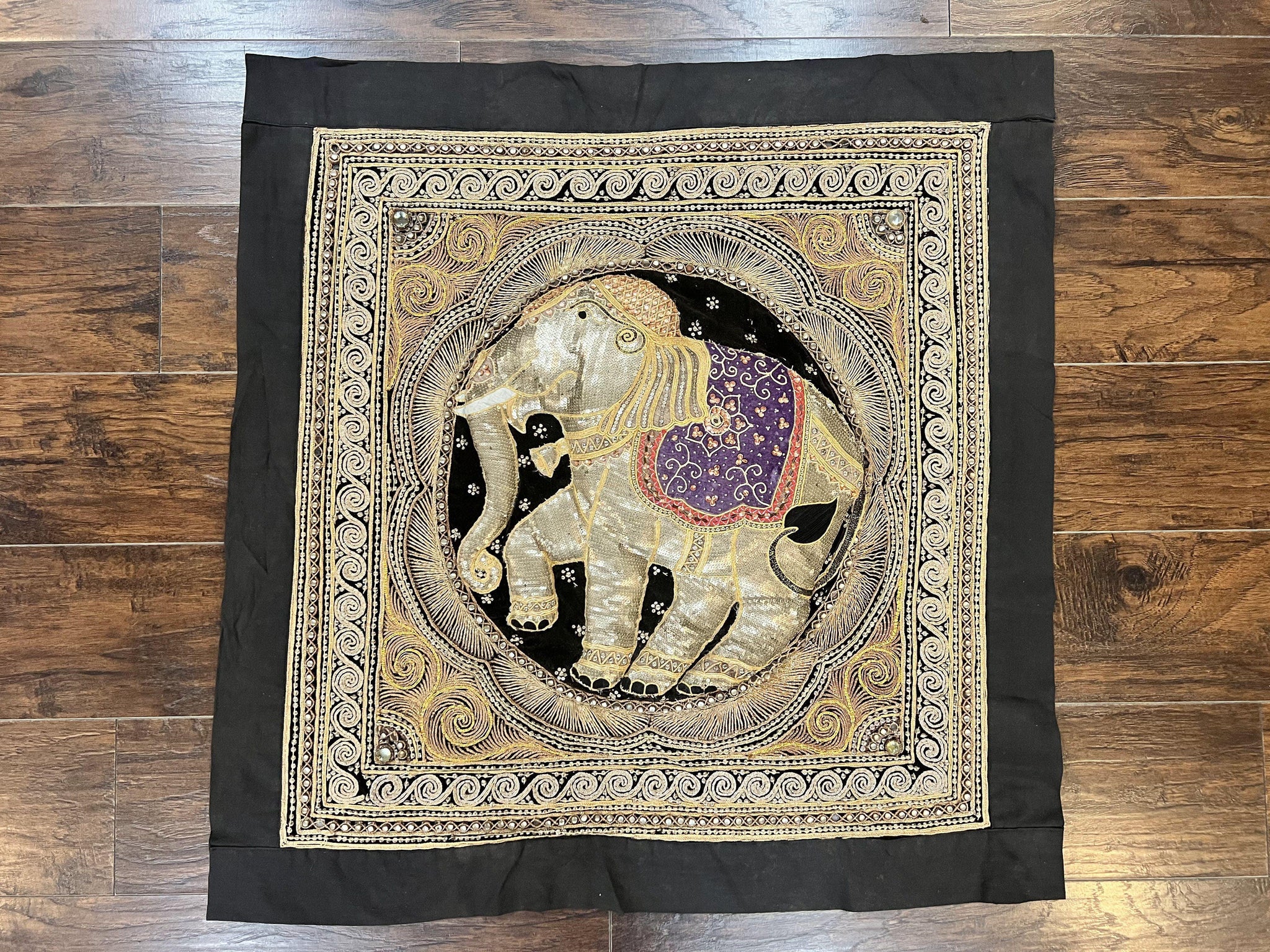 Indian Embroidery 3x3, Elephant Design, Detailed Needlepoint, Beadwork by Jewel Rugs