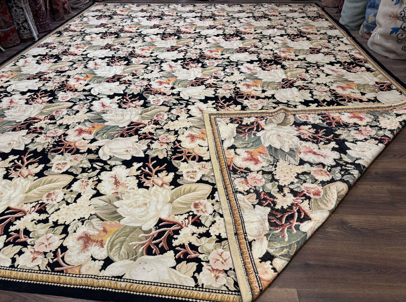 Palace Size Needlepoint Rug 13x17, Extra Large Wool Floral Handmade Carpet, European Design, Botanical by Jewel Rugs