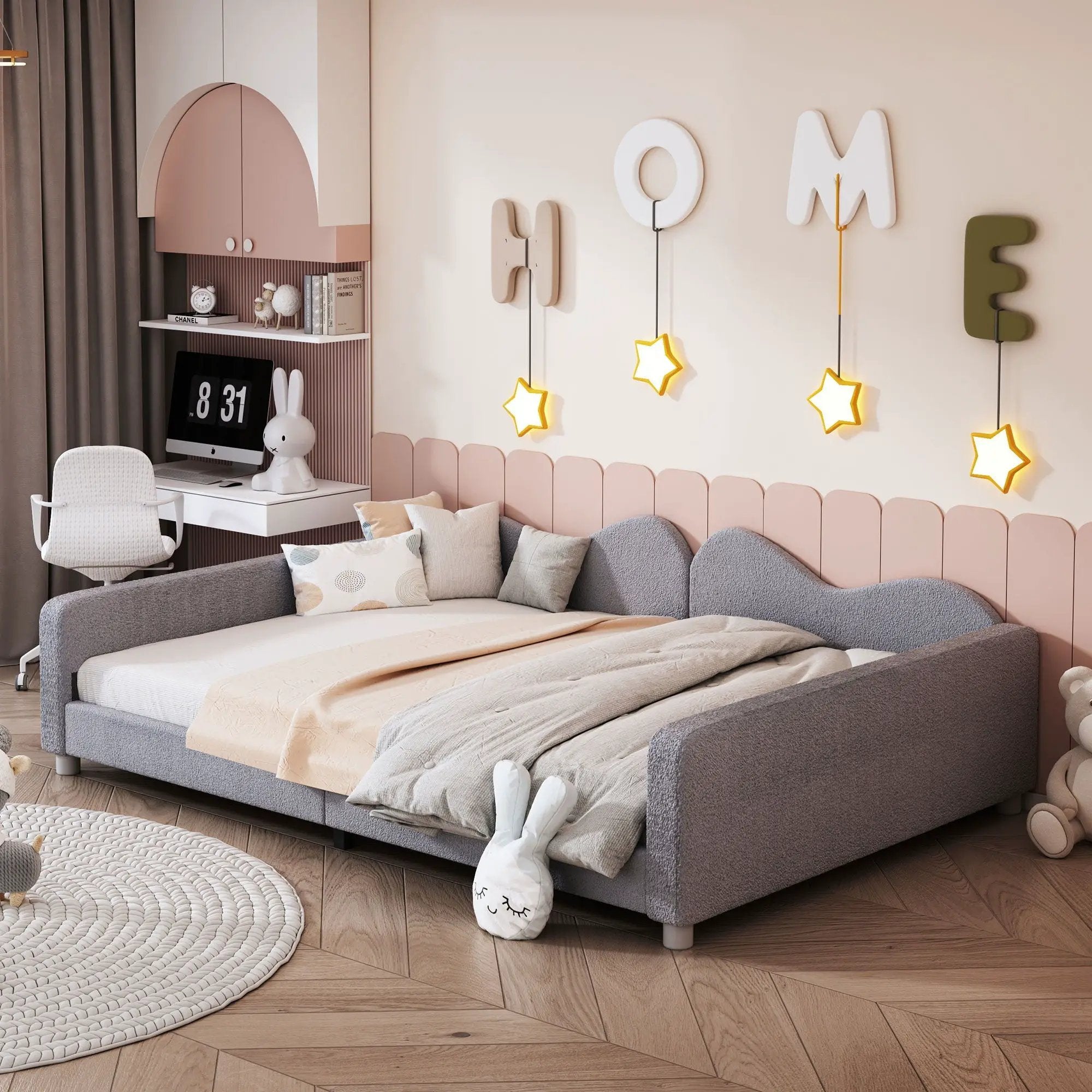 Upholstered Daybed, Sherpa Fabric Sofabed With Cloud-Shaped Backrest