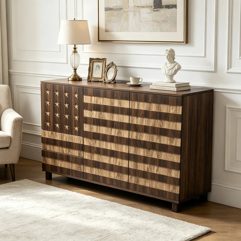 55-Inch Two-Tone Wood Sideboard Buffet Cabinet, Star-Cutout Design, Natural Walnut