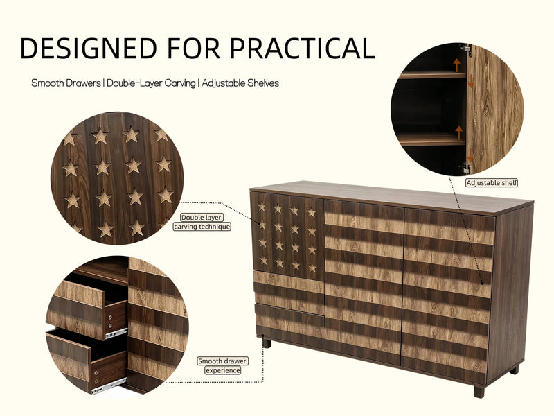 55-Inch Two-Tone Wood Sideboard Buffet Cabinet, Star-Cutout Design, Natural Walnut, photo 10 of 10