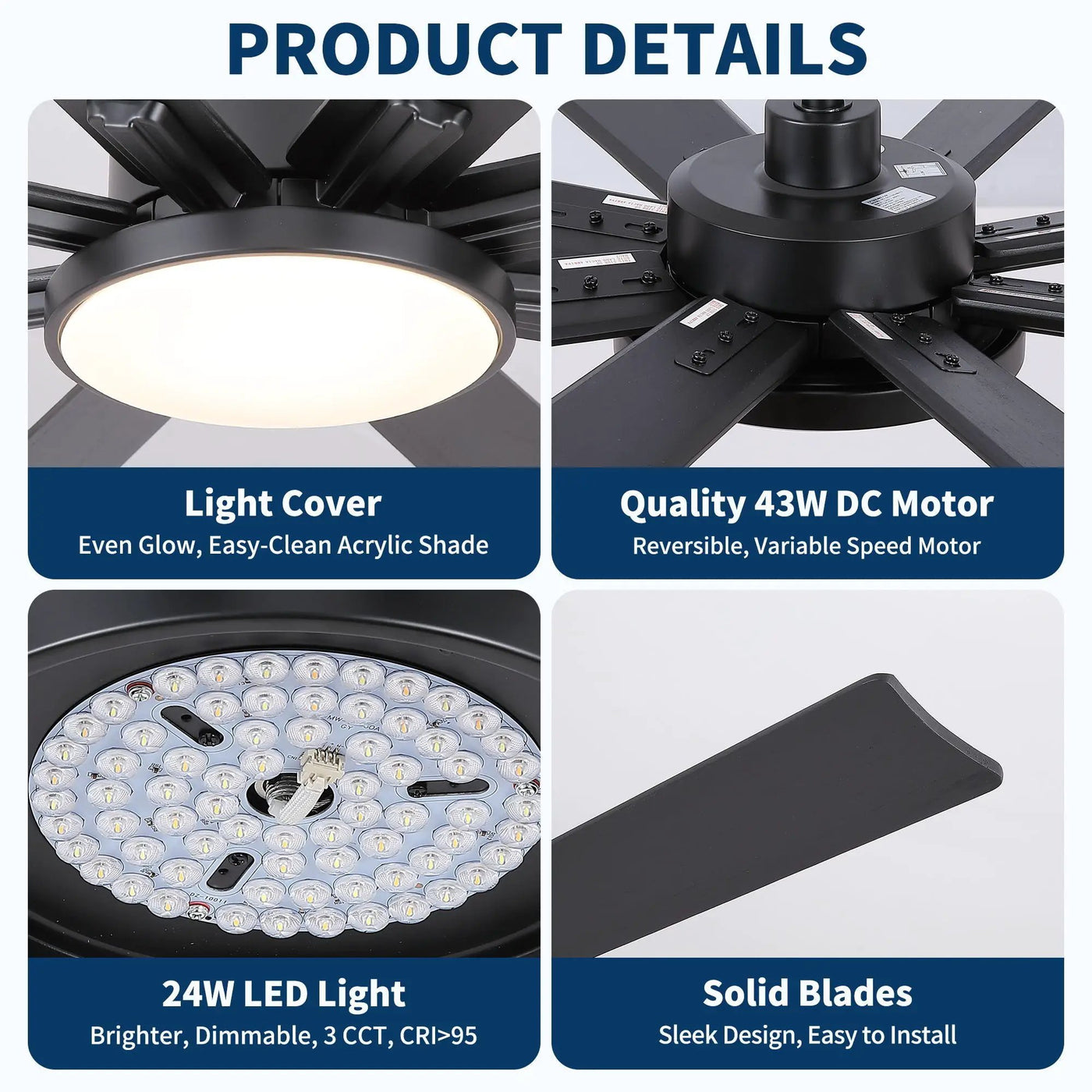 Large Ceiling Fan With Dimmable LED Light 8 Blades Remote Control, Reversible DC Motor by HouseOfZazla