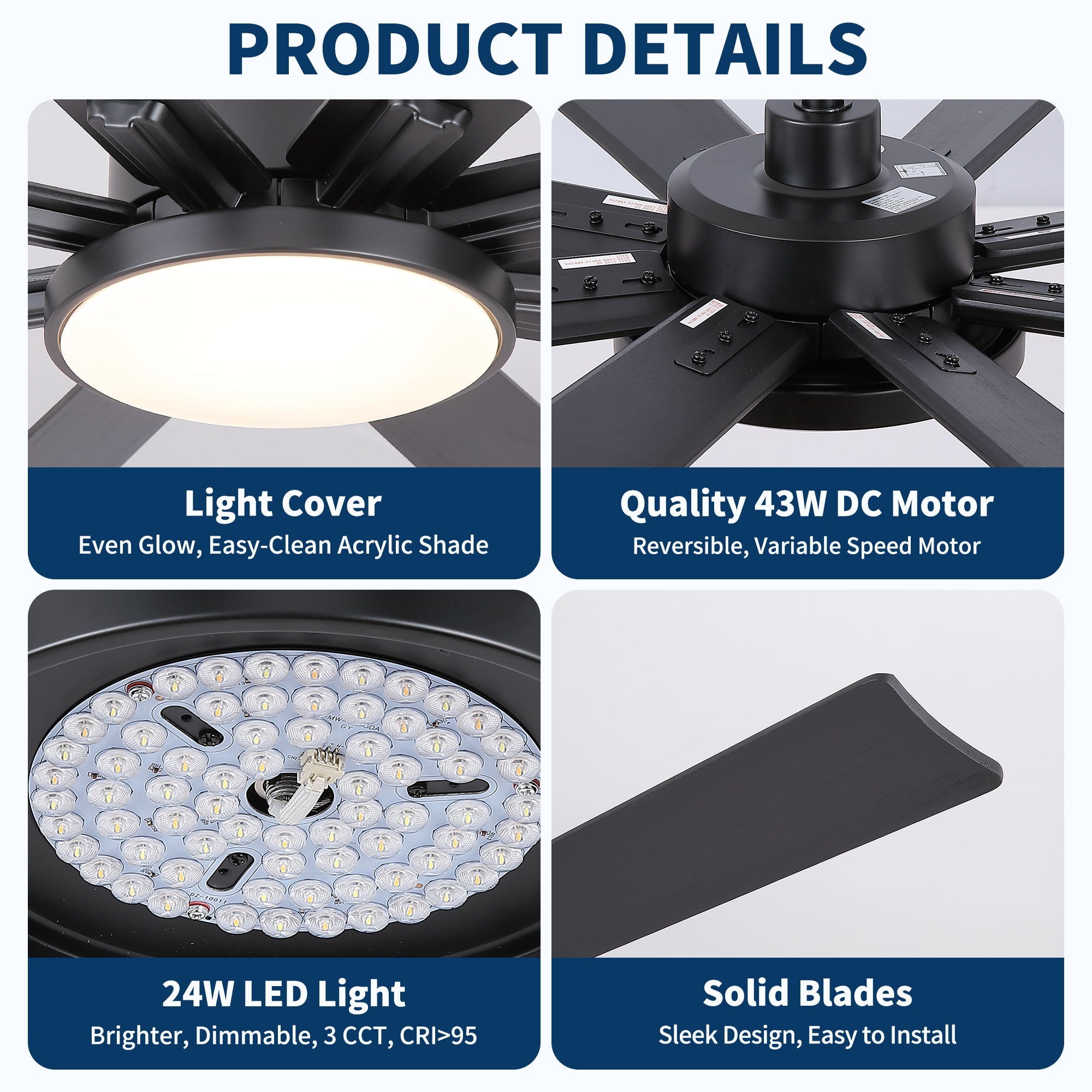 Large Ceiling Fan With Dimmable LED Light 8 Blades Remote Control, Reversible DC Motor by HouseOfZazla
