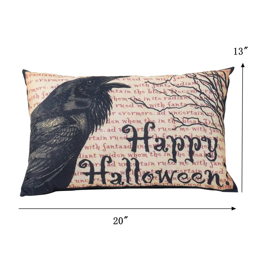 Crow Happy Halloween Pillow - Beige / Black by HouseOfZazla