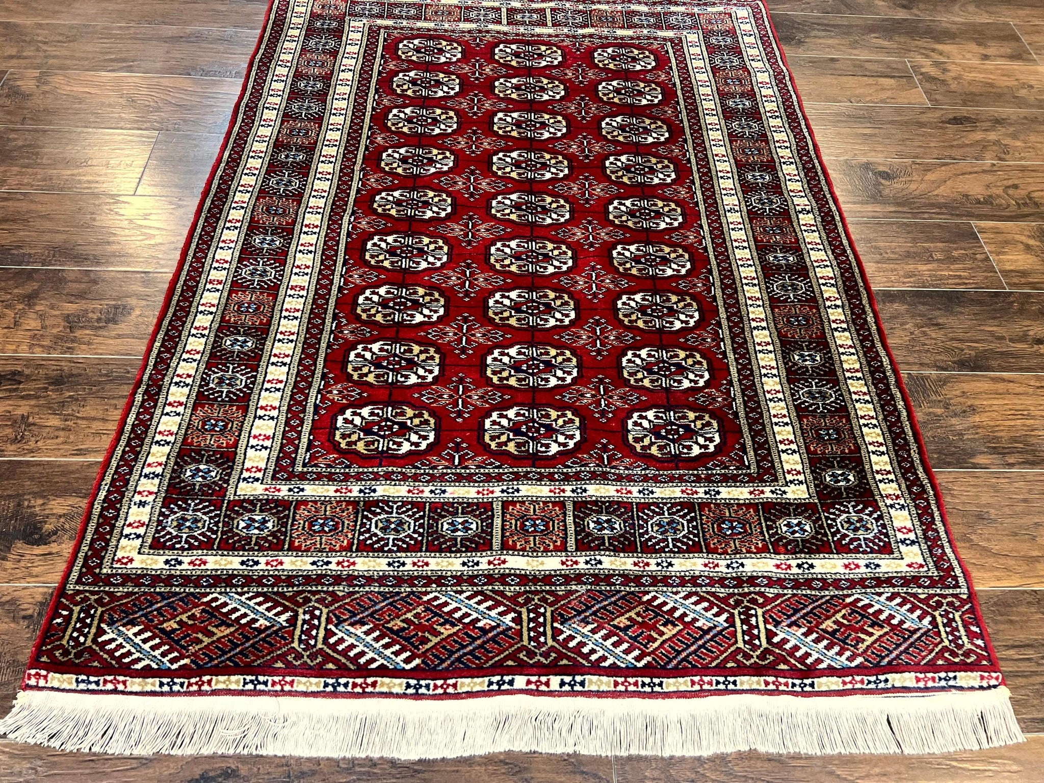 Pakistani Bokhara Rug 4x6, Red Turkoman Carpet, Finely Hand Knotted, Wool Vintage Rug by Jewel Rugs