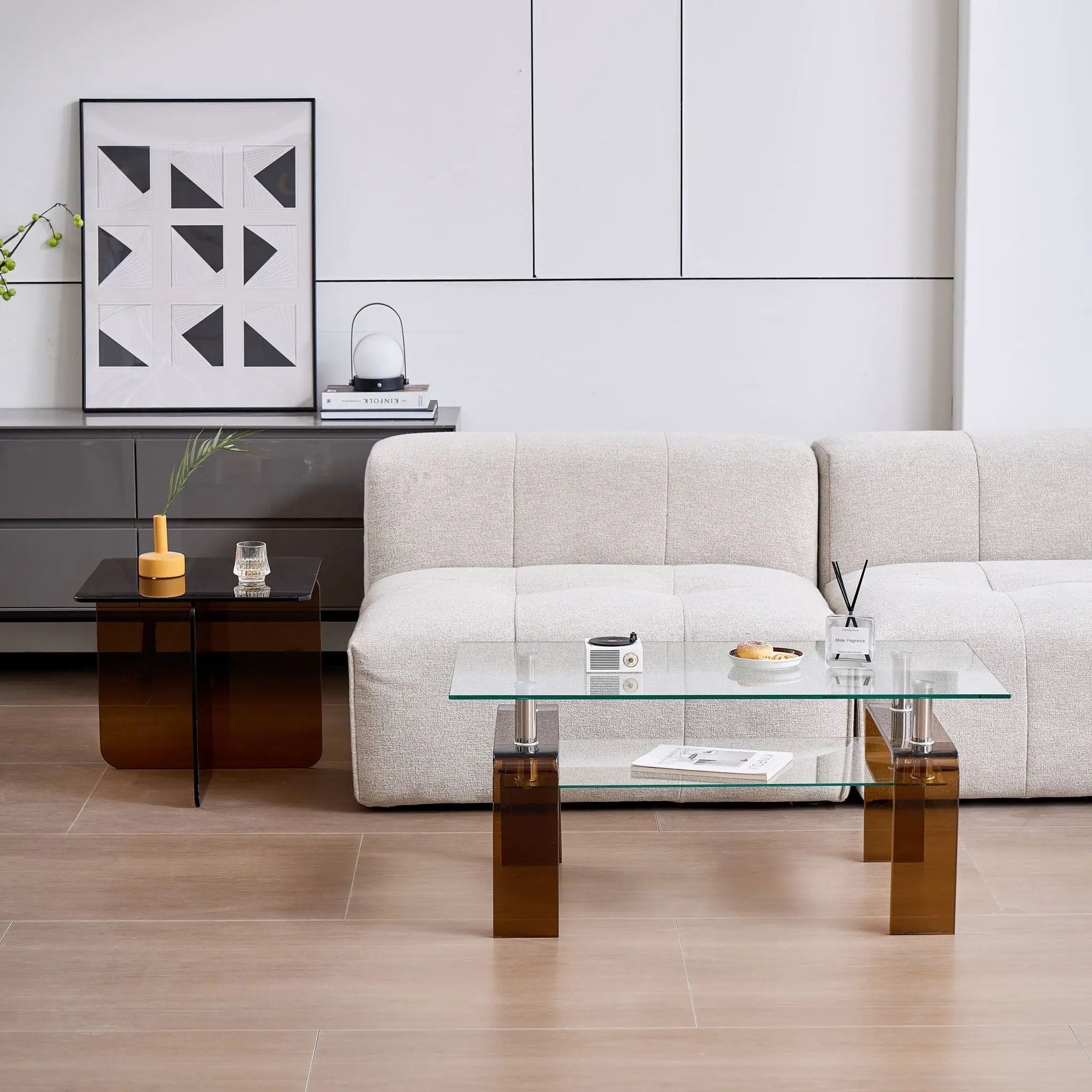 Modern Tempered Glass Coffee Table With 2 Tier Storage For Living Room by HouseOfZazla