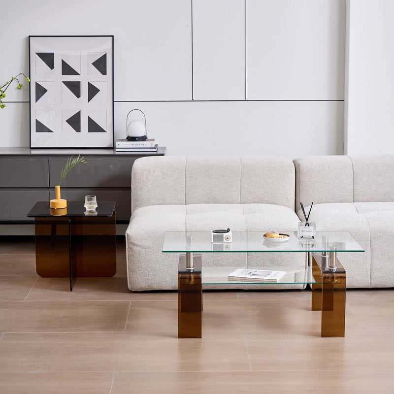 Modern Tempered Glass Coffee Table With 2 Tier Storage For Living Room by HouseOfZazla