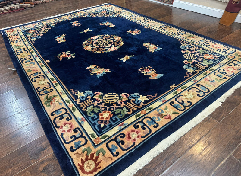 Chinese Wool Rug 8x11, Navy Blue and Beige, Simple Design, Fete Carpet by Jewel Rugs