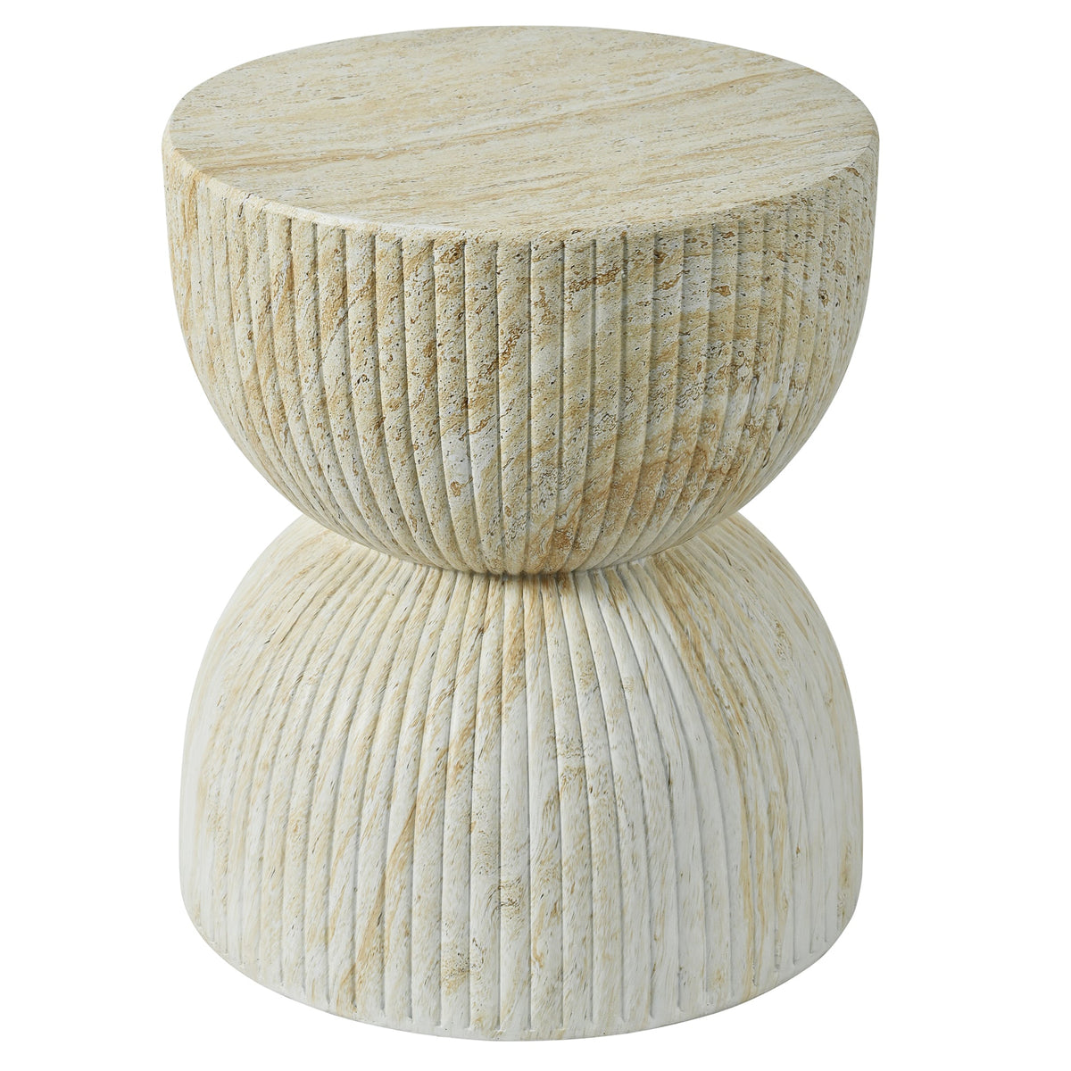 U_Style 17.13"H Outdoor concrete side table, hourglass-shaped decorative table, faux-marble finish patio/garden stool or coffee table, no assembly required, ribbed design., photo 3 of 6