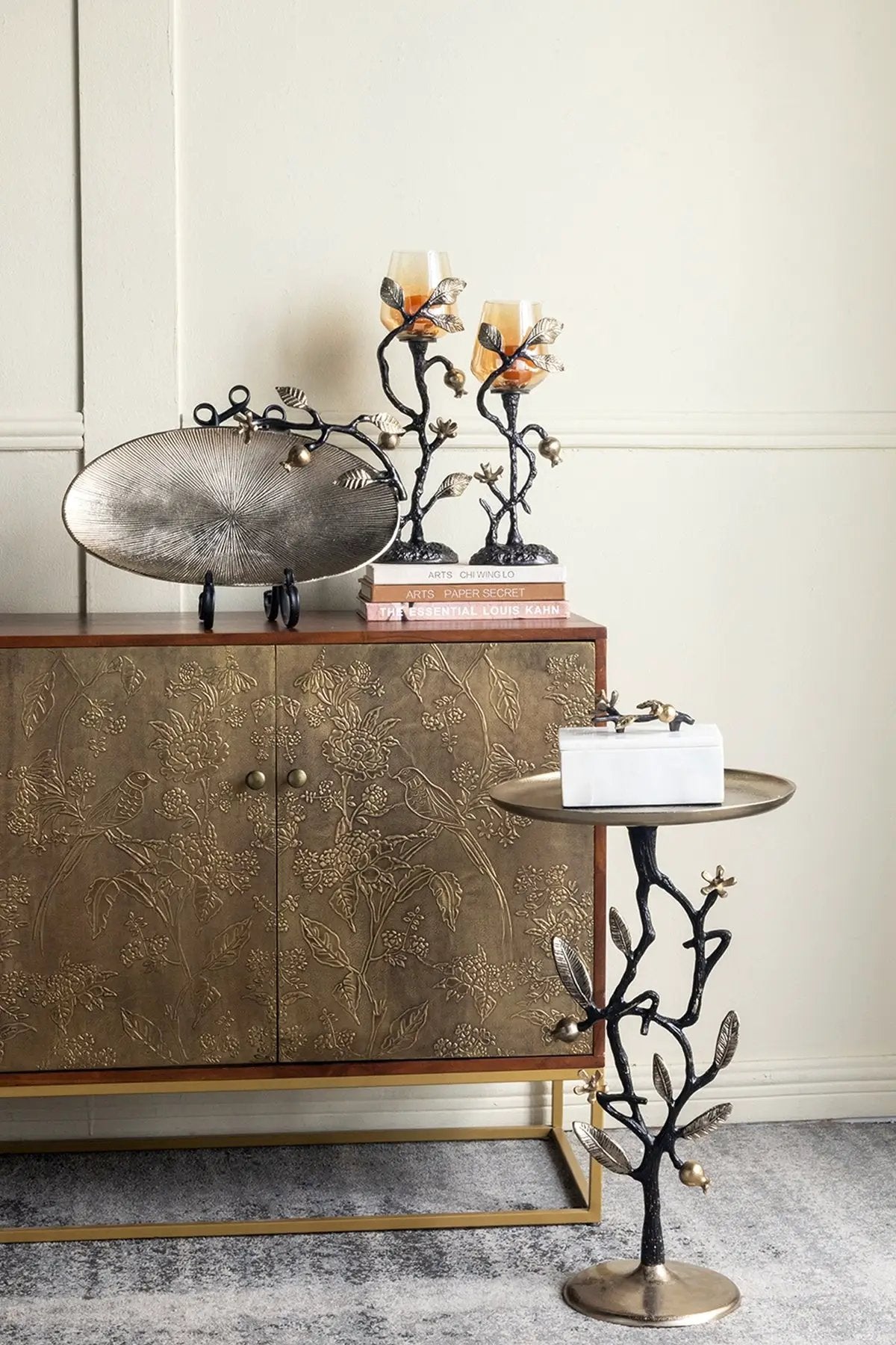 13.8x13.8x24 Black and Gold Aluminum Side Table with Pomegranate Design by HouseOfZazla