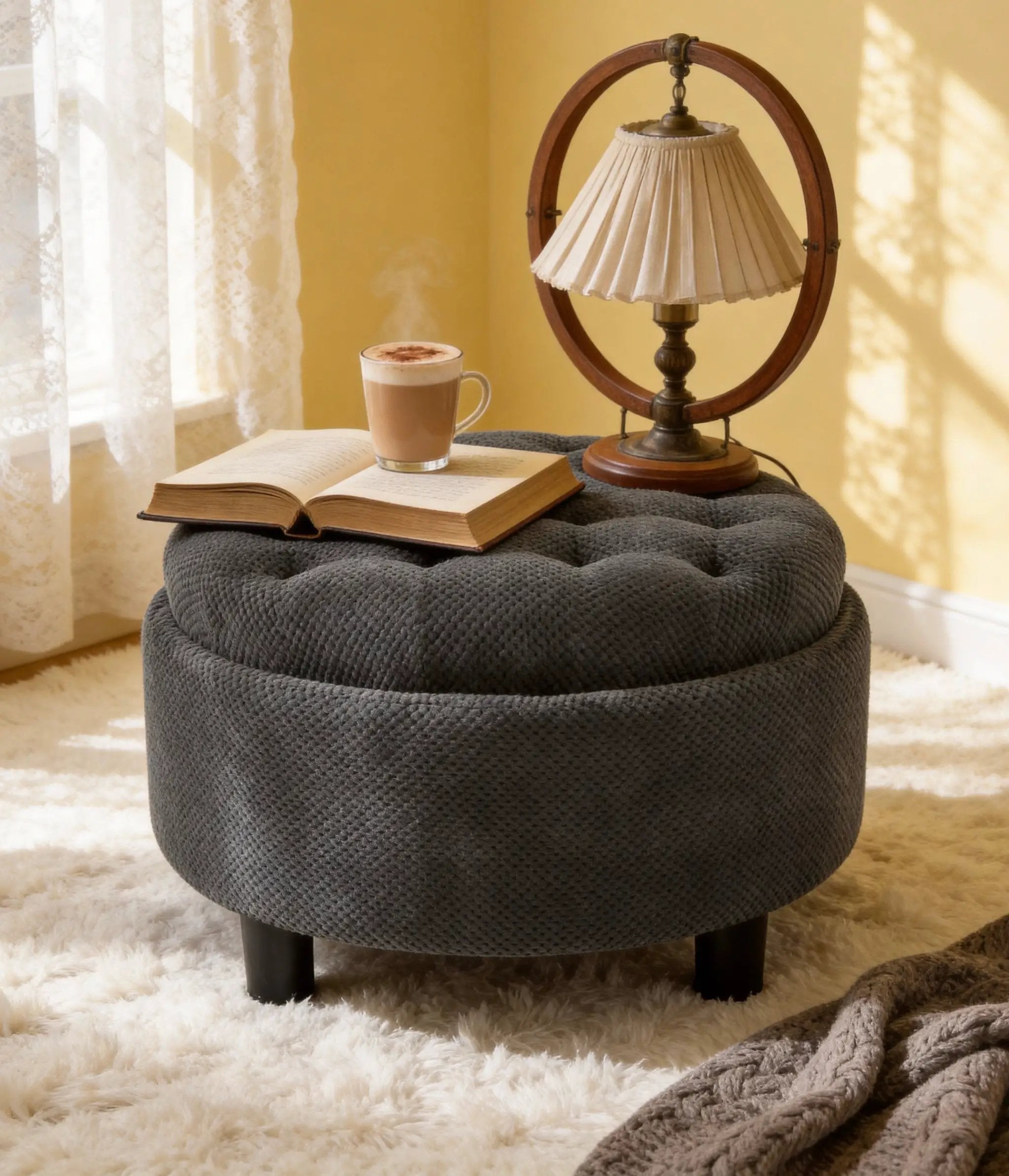 25 Inch Round Storage Ottoman with Tray by HouseOfZazla