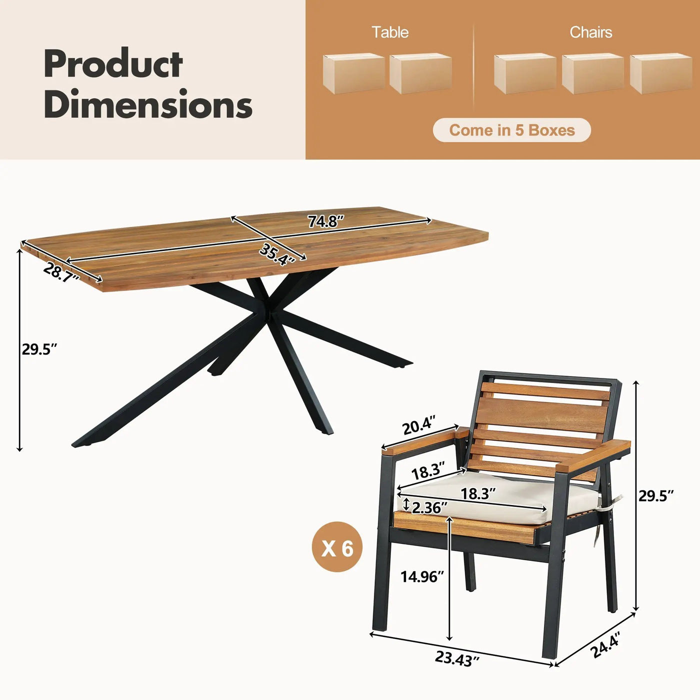 Modern 7-Piece Dining Set with Acacia Wood and Iron Frame by HouseOfZazla