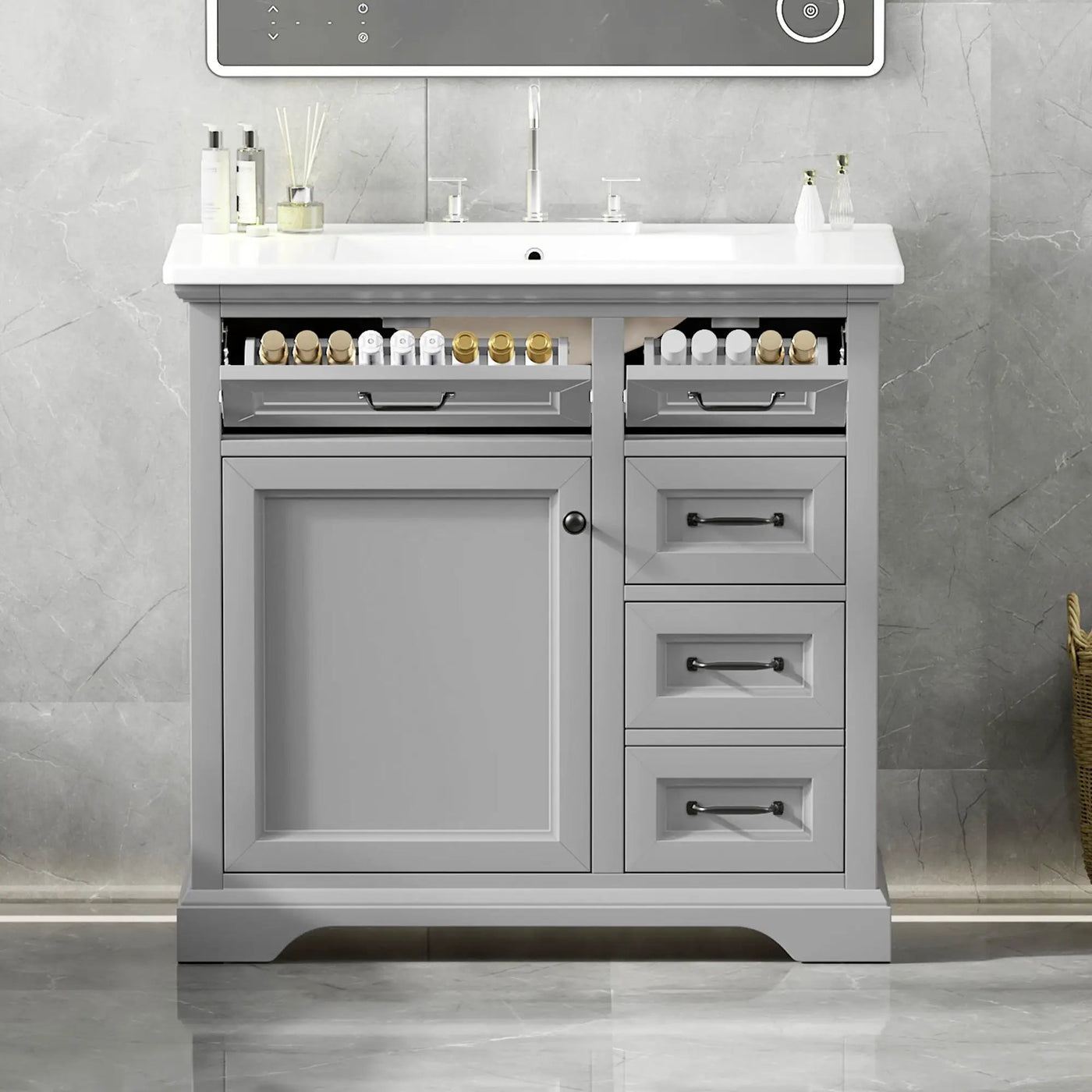 36" Bathroom Vanity With Sink, 2 Tip-Out Drawers, Soft Close Hinges by HouseOfZazla