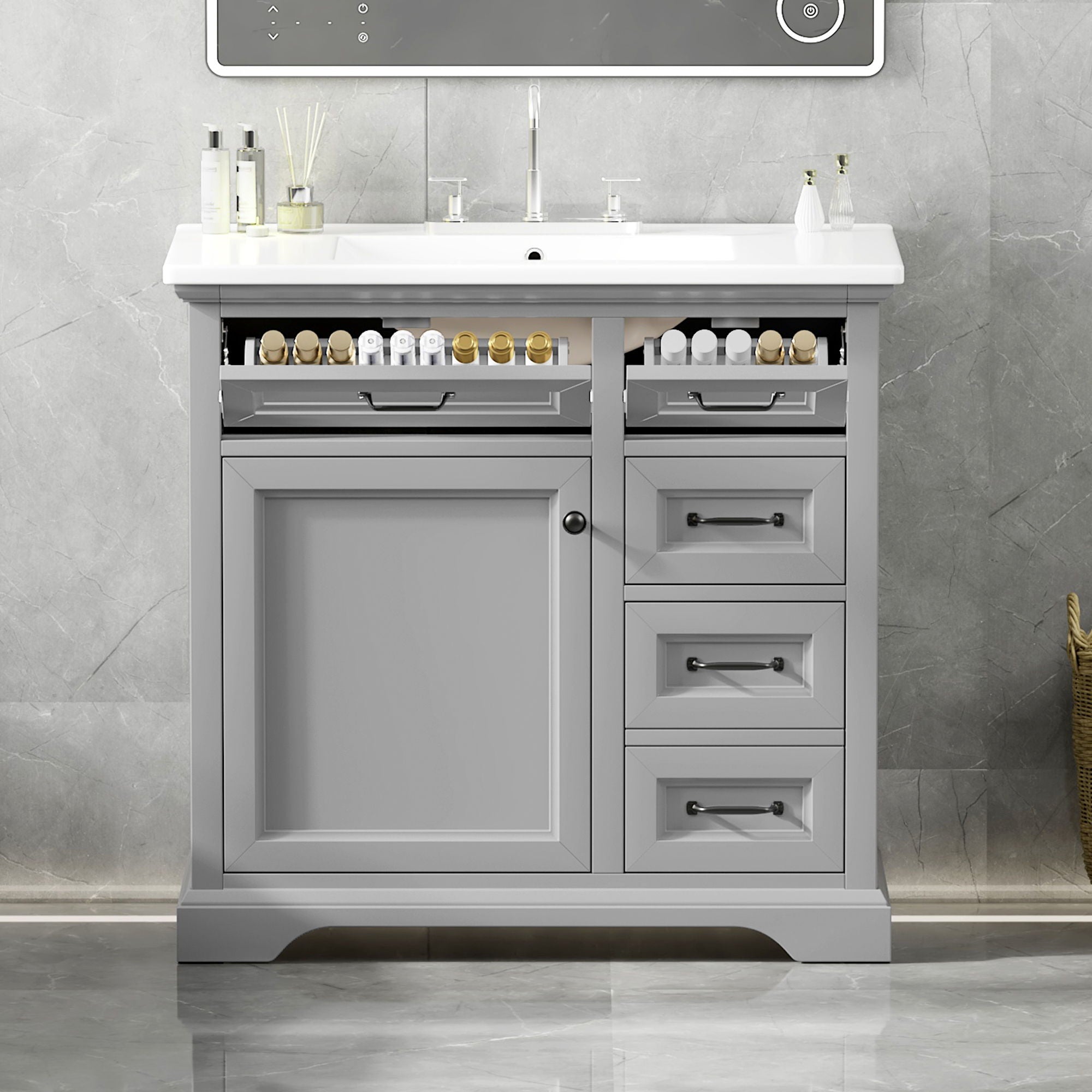 36" Bathroom Vanity With Sink, 2 Tip-Out Drawers, Soft Close Hinges by HouseOfZazla