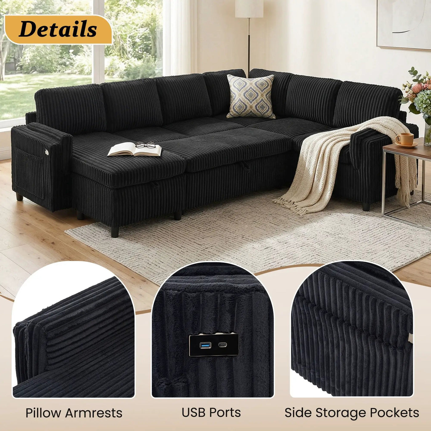 Convertible U-Shaped Sectional Sofa Bed With USB Ports And Storage by HouseOfZazla