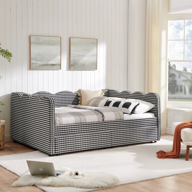 Gingham Daybed With USB Charging Port, Wave-Shaped Design by Unique Piece Furniture