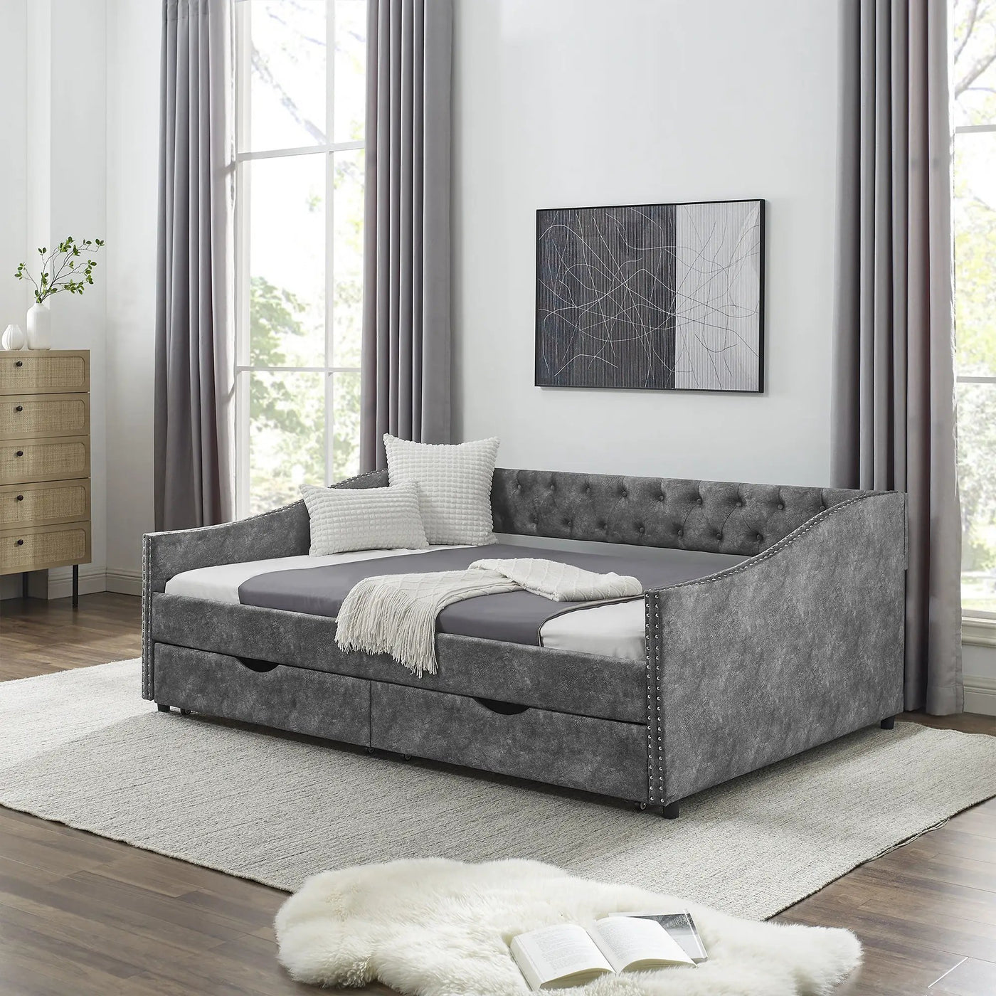 Upholstered Tufted Daybed With Drawers, Waved Arms by HouseOfZazla