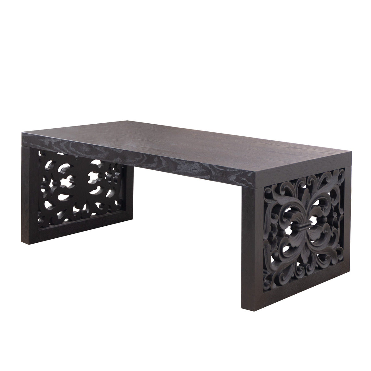 Rustic Carved Wood Coffee Table, Handcrafted Look With Ornate Side Panels, photo 5 of 14