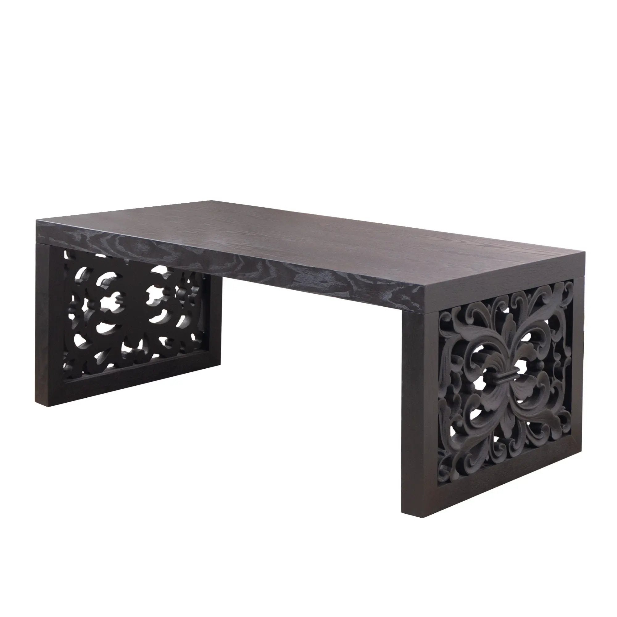 Rustic Carved Wood Coffee Table, Handcrafted Look With Ornate Side Panels by Unique Piece Furniture