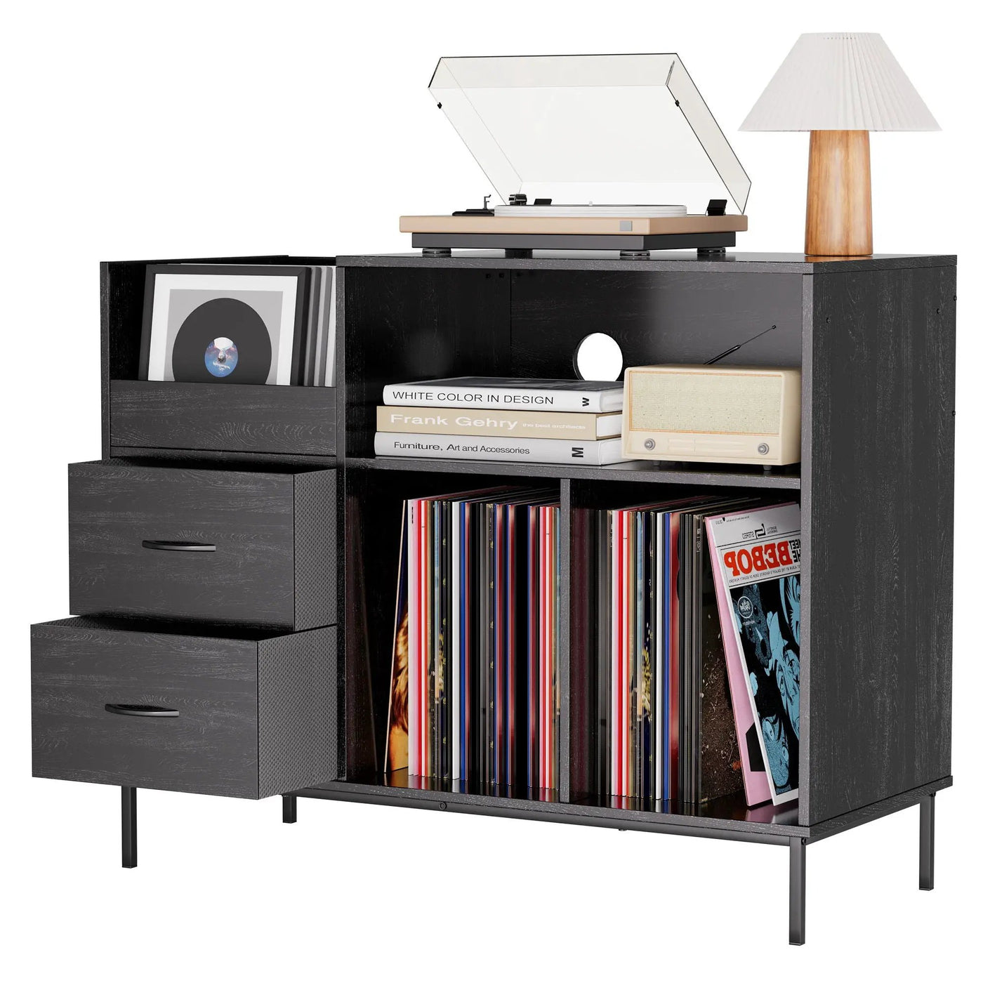 Eco-Friendly Vinyl Record Player Stand With Flip-Top Storage, Media Console With Dual Outlets And Dustproof Drawers by HouseOfZazla