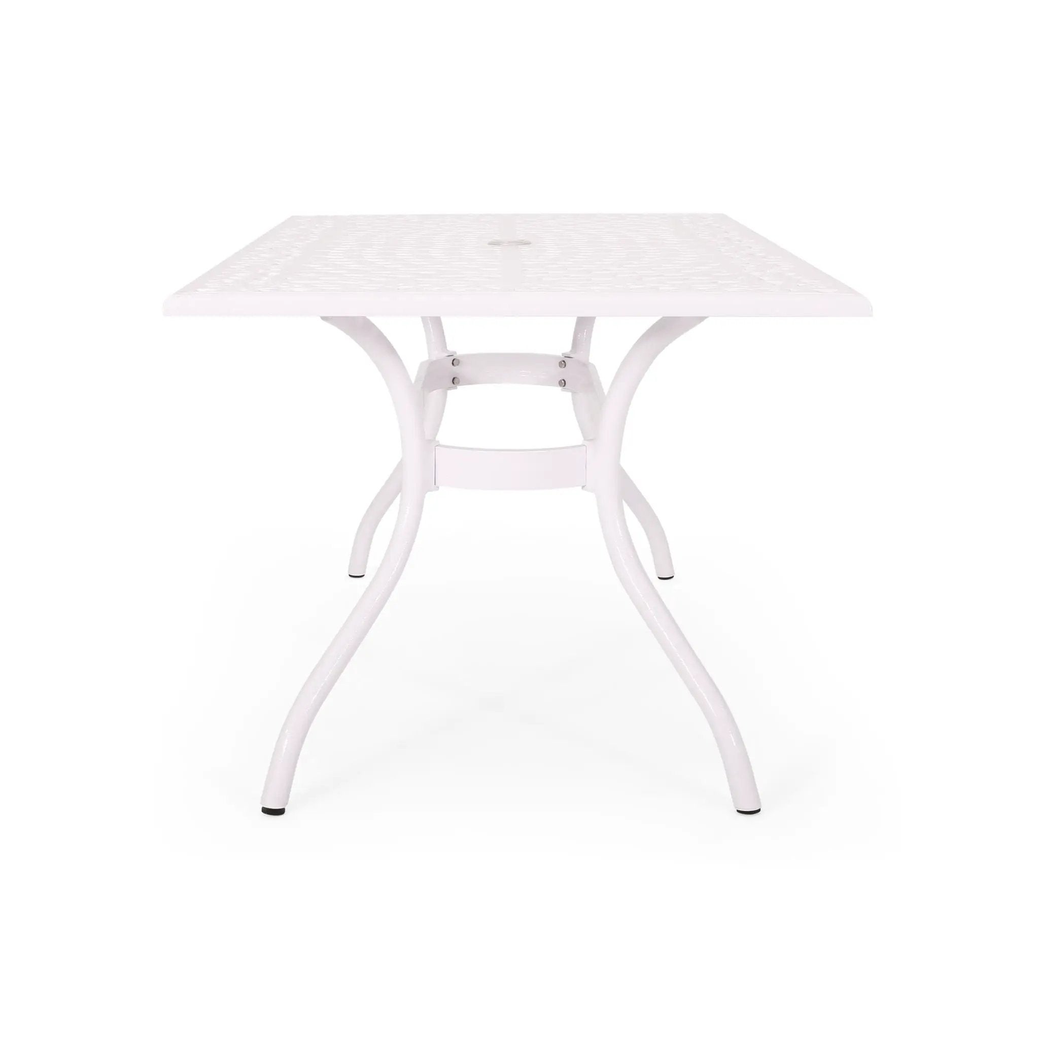 Celestine Outdoor Cast Aluminum Dining Table with Floral Lattice Design and Umbrella Holder by HouseOfZazla