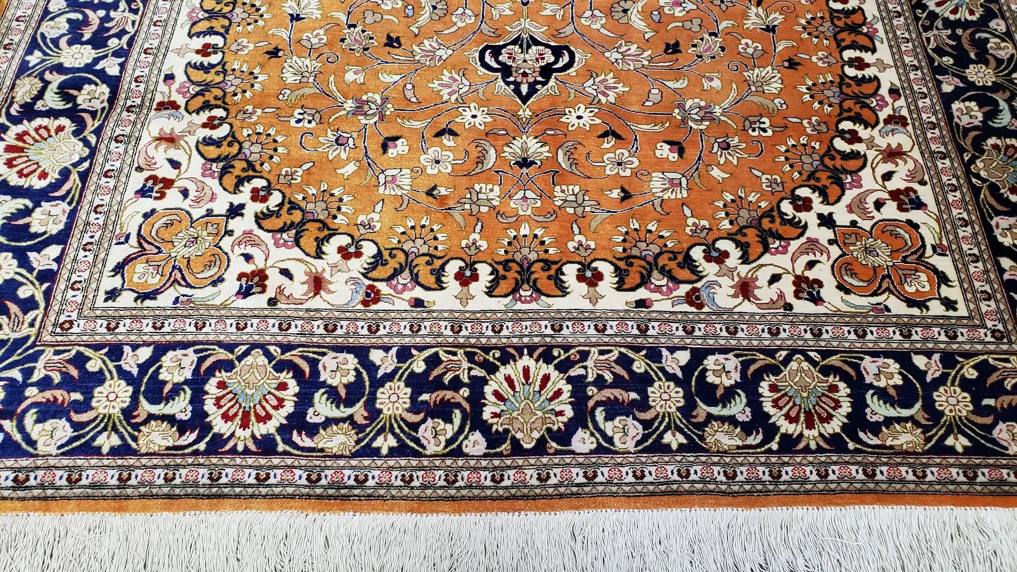 Vintage Persian Qum Silk Rug 4.6 x 6.7, Burnt Orange and Navy Blue, Antique Oriental Very Fine Signature Master Weaver 350+ KPSI Ghom Qom 5x7 Rug by Jewel Rugs
