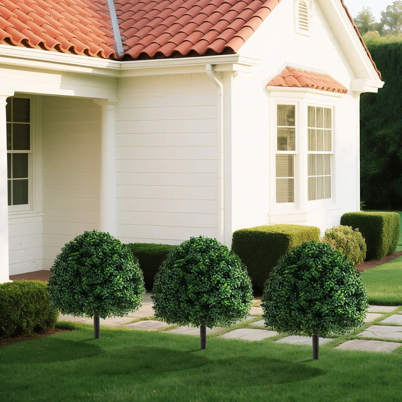 28 Inches Artificial Boxwood Topiary Ball Tree Set of 2 with Ground Spike-Green by DirectDeals