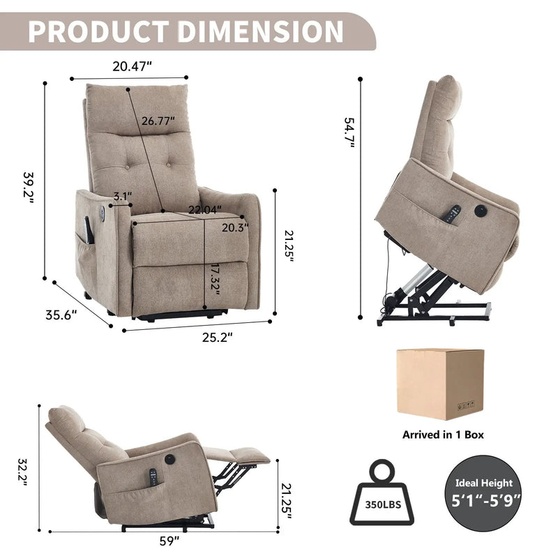Khaki Chenille Power Lift Recliner Chair with Massage and Heat by HouseOfZazla