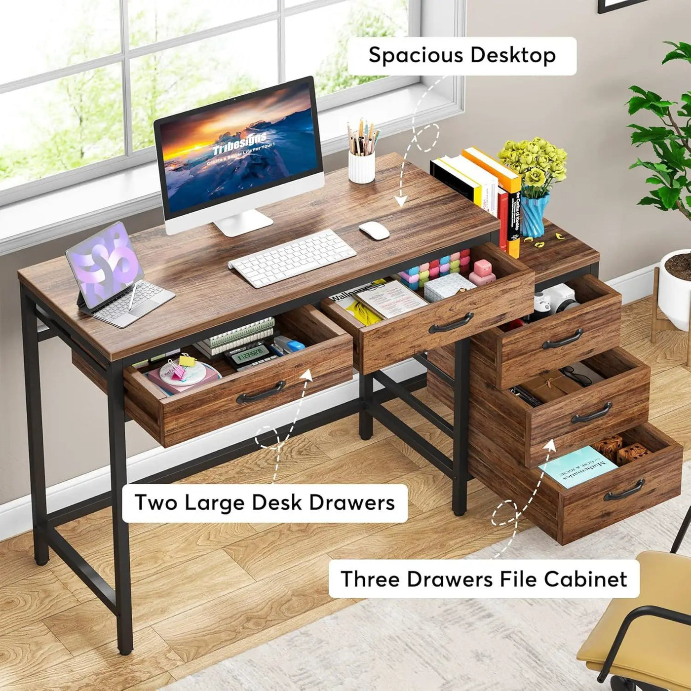 Computer Desk With Reversible 5 Drawer Storage, Frame Writing Table For Small Spaces by HouseOfZazla