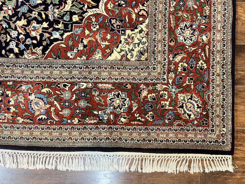 Indo Persian Rug 8x10, Floral Medallion, Vintage Handmade Wool Carpet, Navy Blue and Red, Fine 300 KPSI by Jewel Rugs