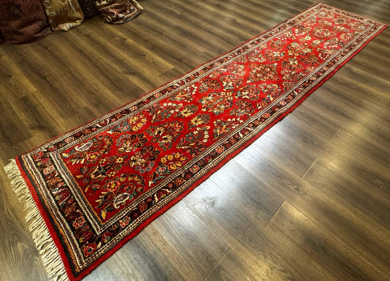 Persian Sarouk Runner Rug 3x12, Red Floral 3 x 12ft Runner, Vintage, Wool by Jewel Rugs