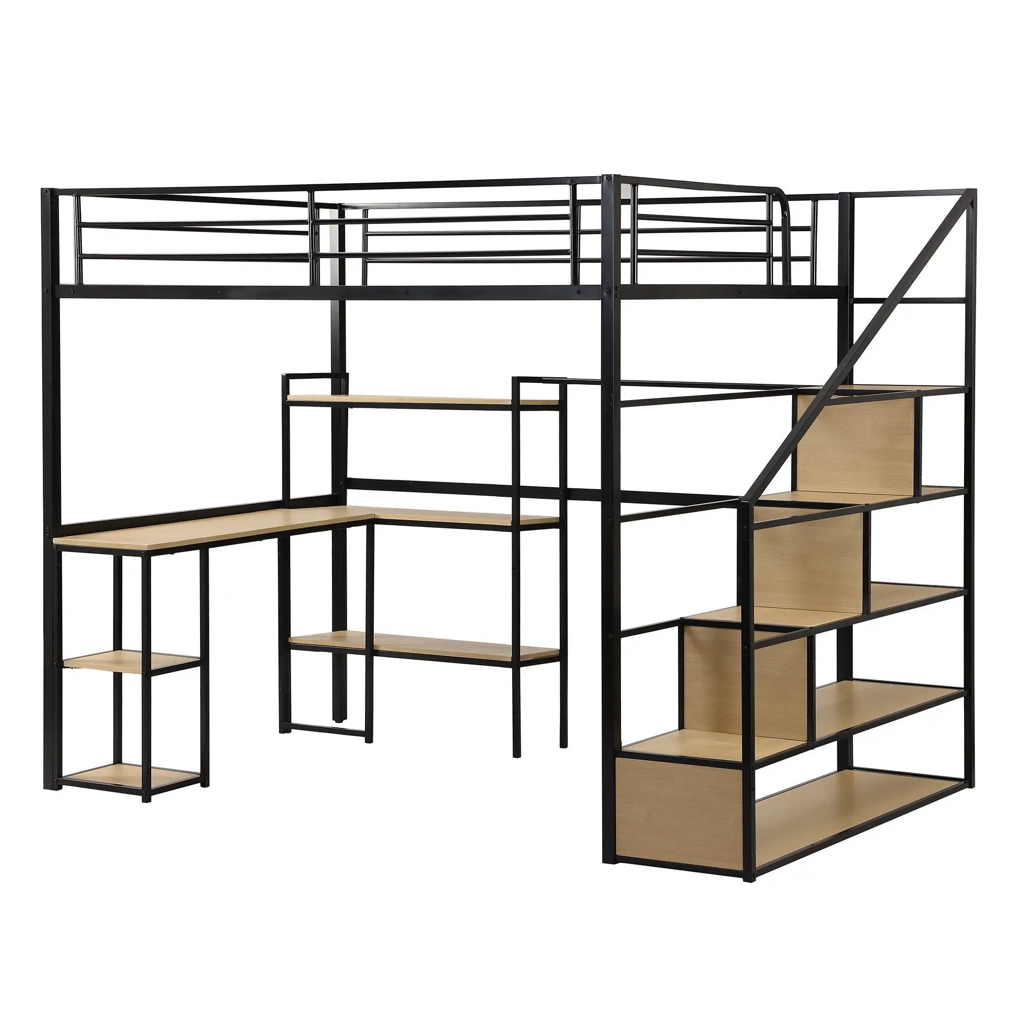 Full Size Loft Bed With Staircase, Built In Desk And Shelves And Sleeping Surface - Black by HouseOfZazla