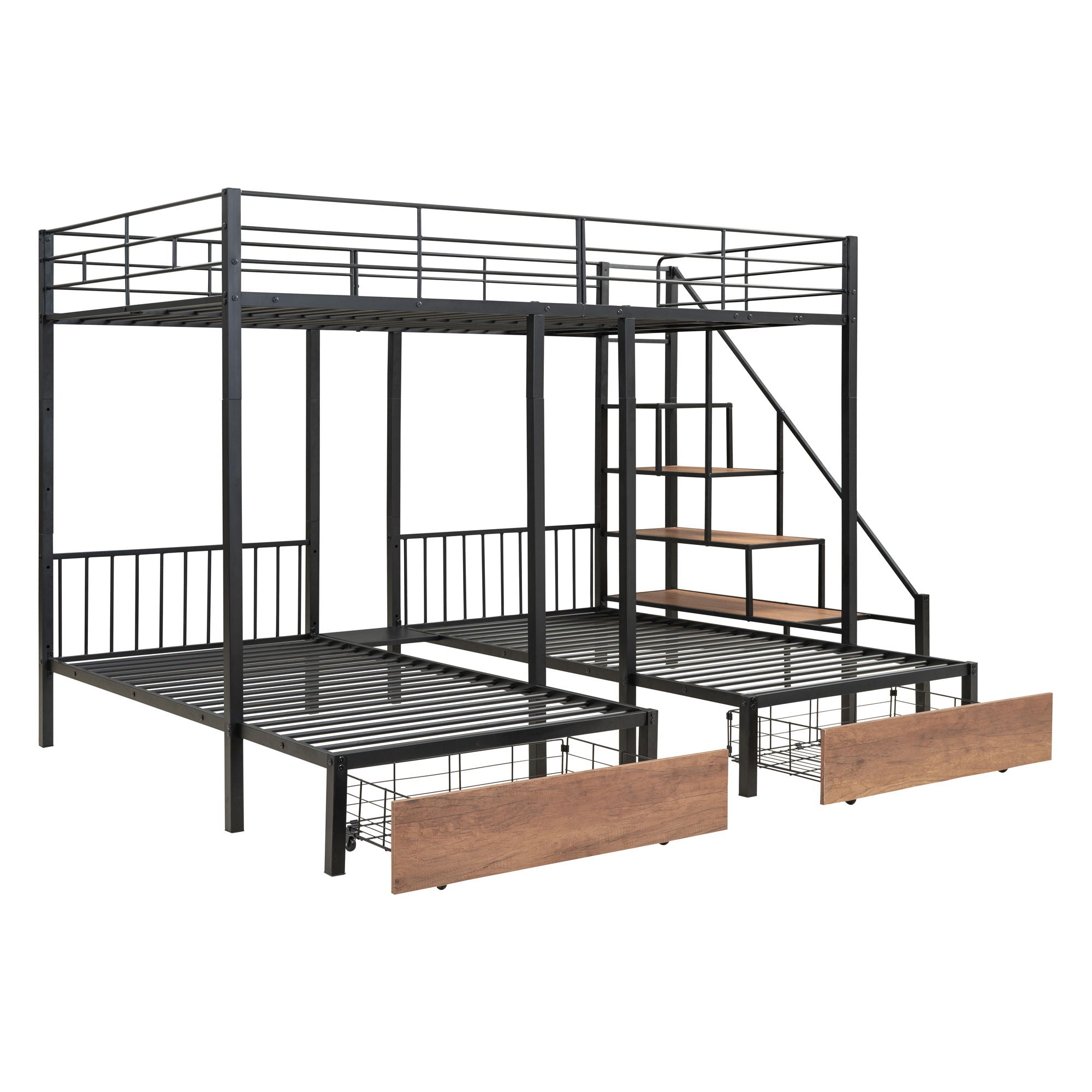 Full Over Twin-Twin Triple Bunk Bed With Drawers And Staircase - Black by HouseOfZazla
