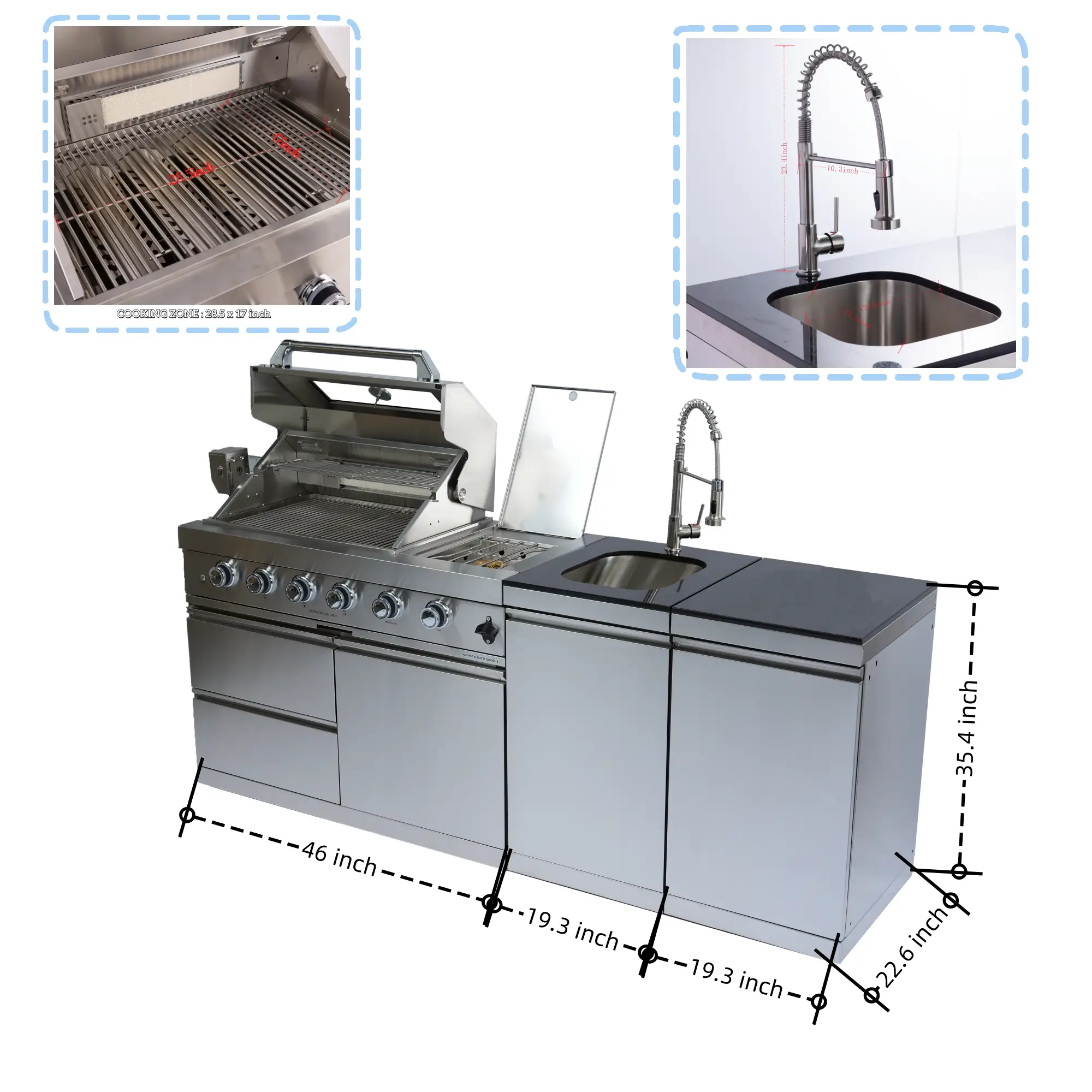 85" 4-Burner 72,000 BTU Silver Outdoor Kitchen Island Grill + Side Burner + Storage Cabinets & Drawers by Chery Industrial